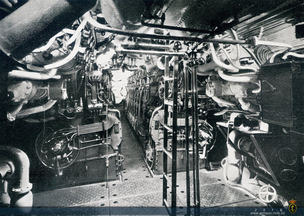 Cámara de motores térmicos de un submarino clase B, estos submarinos disponían de dos motores diésel NLSECO que le proporcionaban una velocidad máxima en superficie de 16 nudos.